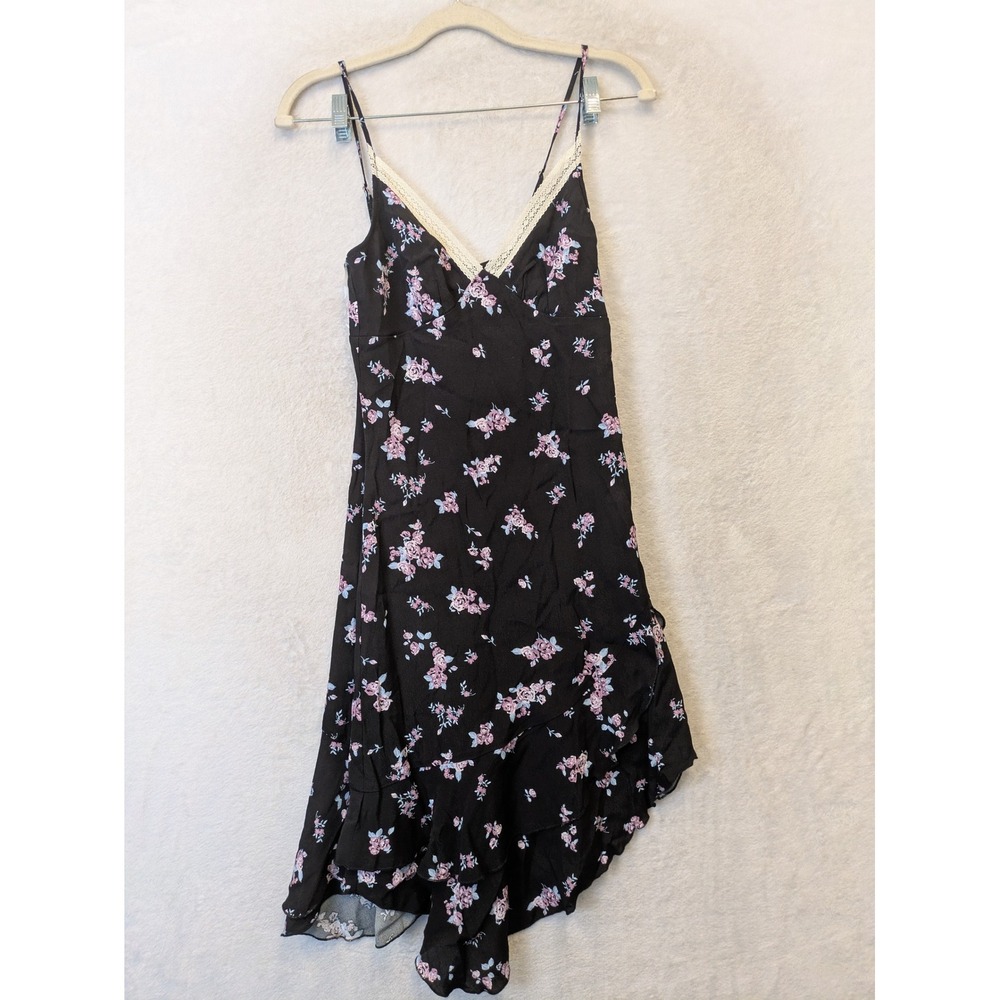 NEW Stitch &‎ Pine Slip Dress Women's XS Black Floral Lace Trim Asymmetrical Hem